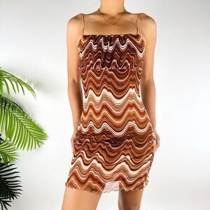 Vintage Y2K Brown 70s Style Retro Wavy Bohemian Hippie Groovy Mini Dress / S
